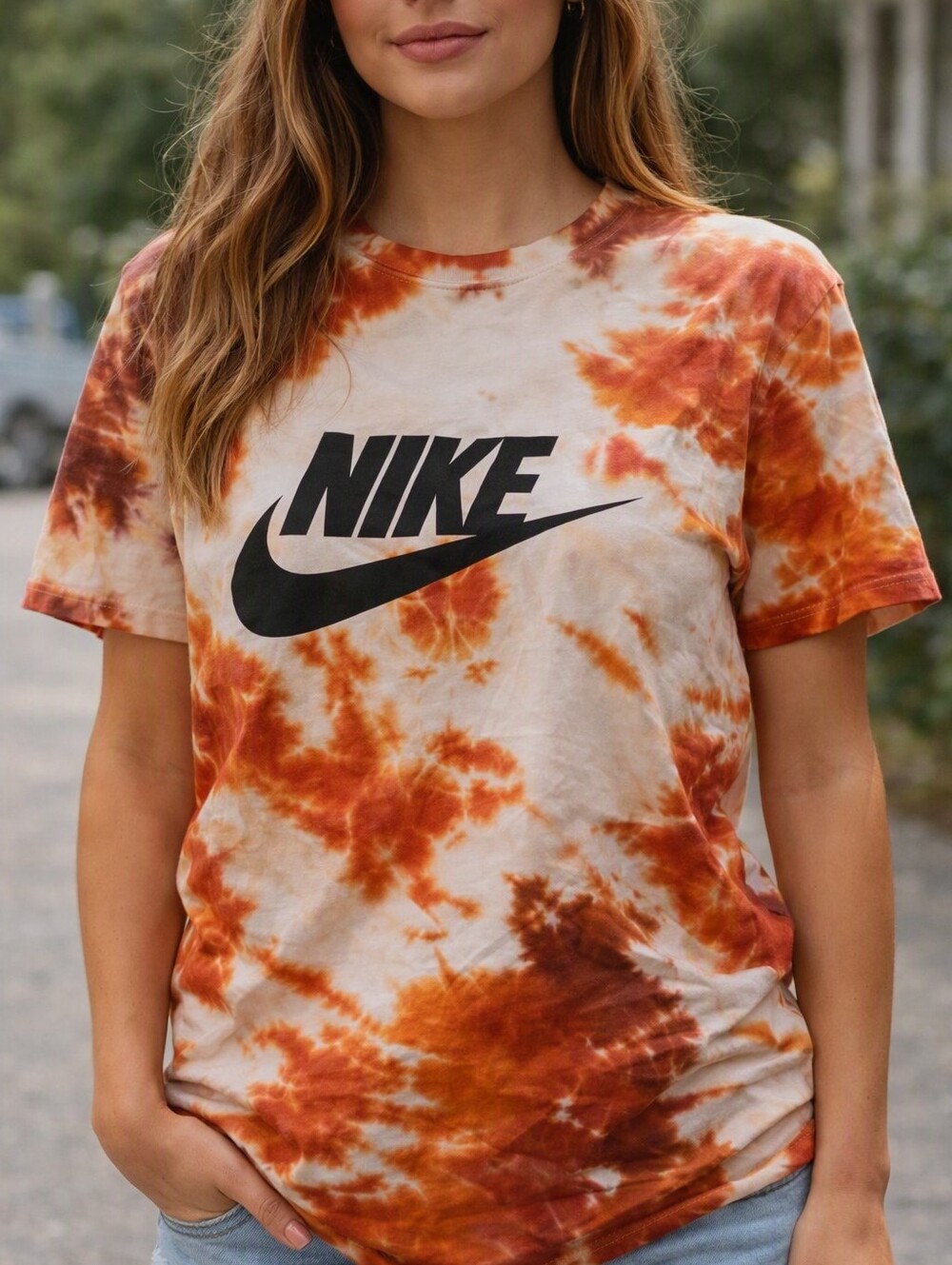 Upcycled Nike Tie‑Dye Tee Orange Cream Streetwear #0054